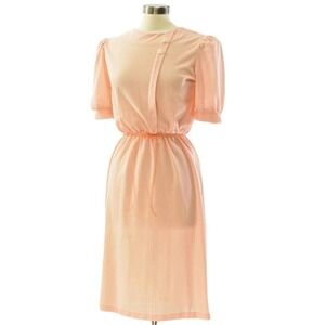 70s Vintage Puff Sleeve Blouson Dress Womens S Pastel Peach Sheer Cottagecore